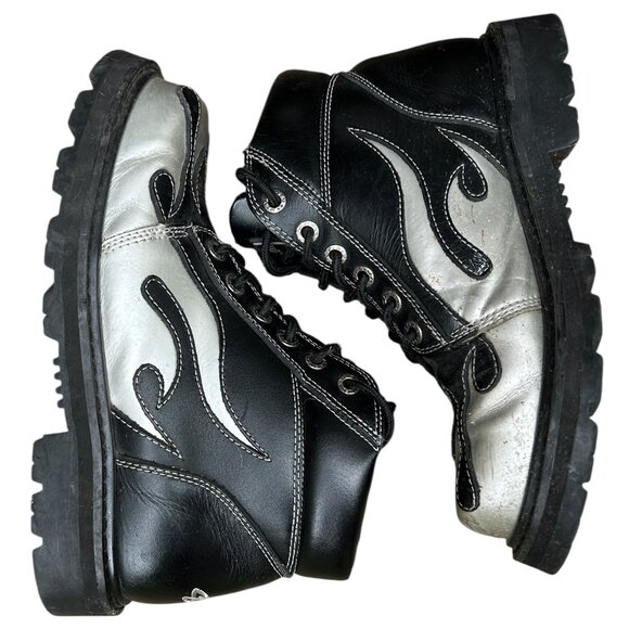 Vintage Y2K Sha Sha Tribal Flame Boots • Men’s Sz 9 • Silver Black Biker Punk - Picture 1 of 6
